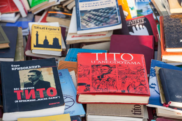 Second hand books of Marshal Josip broz Tito for sale on a flea market of Belgrade. Tito was the communist socialist leader of Yugoslavia. stock photo