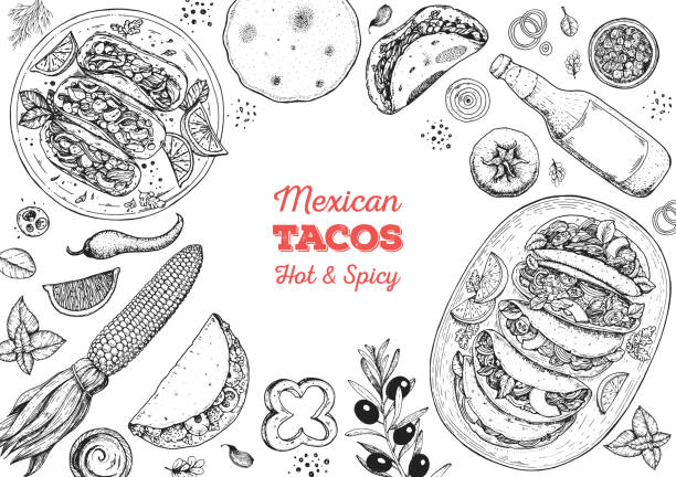 tacos kochen und zutaten für tacos, skizzenillustration. mexikanische küche rahmen. fast-food-menü-design-elemente. tacos handgezeichneter rahmen. mexikanisches essen - tortillas stock-grafiken, -clipart, -cartoons und -symbole