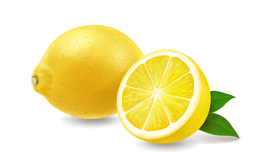 Fresh lemons with leaves, realistic citrus whole and slice of lemon vector 3d.