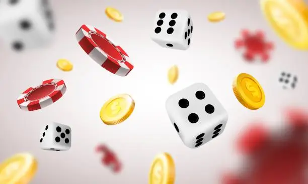 Vector illustration of Realistic casino background with flying chips, golden coins and dice. Poker winning money prize explosion. 3d gambling games vector concept