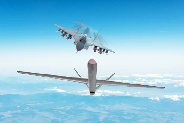 istock Combat fighter pursuing target drone - uav unmanned military drone. Conflict, war. Aerospace forces. 1366088048