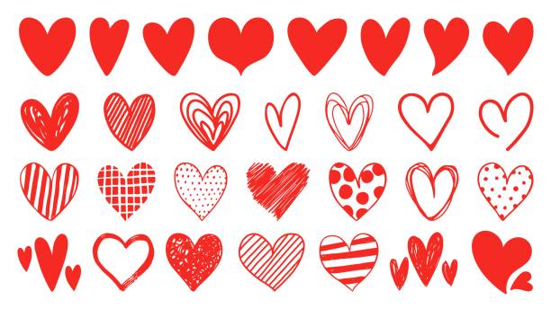 płaskie, doodle i szkicowane czerwone wzory ikon w kształcie serca. abstrakcyjny romantyczny symbol emoji. ręcznie rysowany zestaw wektorowy ślubno-walentynkowy - heart shape stock illustrations
