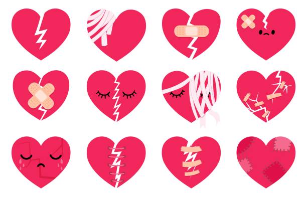 разбитые грустные сердца со слезами, трещинами, вспомогательными бинтами и швами. разбитое сердце, развод и разрыв отношений символ символ� - bandage heart shape pain love stock illustrations