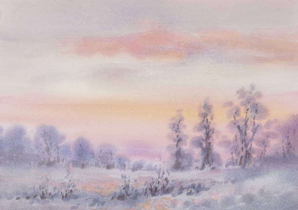 istock Evening landscape in winter pink watercolor background 1366089885