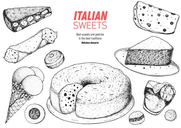 Vector illustration of Italian dessert vector illustration. Italian sweet hand drawn sketch. Baking collection. Vintage design template. Panforte, cannoli, bombolone, ciambellone, affogato, torta caprese, panettone sketch.