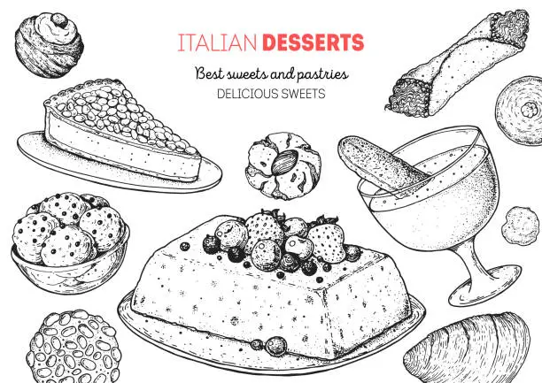 Vector illustration of Italian dessert vector illustration. Italian sweet hand drawn sketch. Baking collection Vintage design template. Torta della gonna, struffoli, pignoli, semifreddo, zabaglione, cannoli, amaretti sketch.