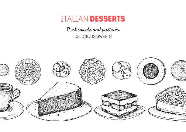 illustrazioni stock, clip art, cartoni animati e icone di tendenza di illustrazione vettoriale del dessert italiano. schizzo disegnato a mano di cibo italiano. collezione di cottura, stile inciso. modello di design vintage. torta caprese, tiramisù, torta della nonna, pignoli, pizzelle, amaretti. - biscotti italian cuisine italian culture breakfast