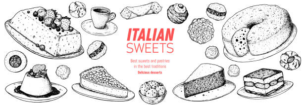 italienische dessert-vektor-illustration. italienische süße handgezeichnet. bäckerei kochen skizze illustration. italienische küche rahmen. sweet food menü design-elemente. dessert handgezeichneter rahmen. italienisches essen. - pine nut stock-grafiken, -clipart, -cartoons und -symbole