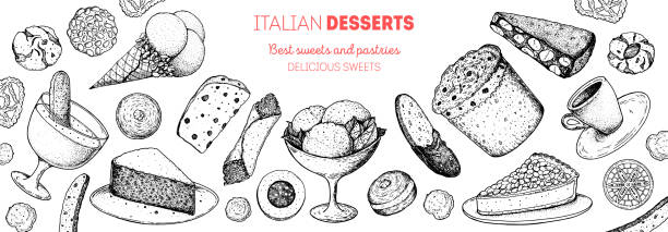 イタリアのデザートベクターイラスト。イタリアの甘い手が描かれました。ベーカリー料理スケッチイラスト。イタリア料理のフレーム。甘い食べ物のメニューのデザイン要素。デザート手� - italian dessert点のイラスト素材／クリップアート素材／マンガ素材／アイコン素材
