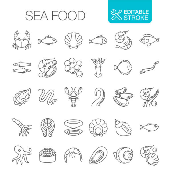 illustrazioni stock, clip art, cartoni animati e icone di tendenza di seafood line icons set tratto modificabile - prepared shellfish