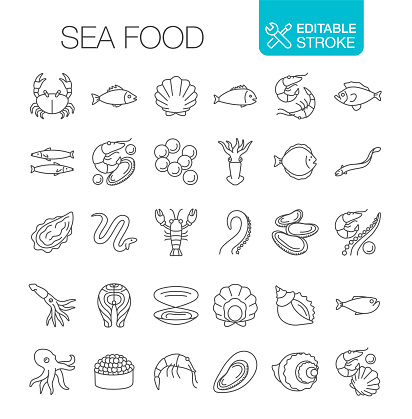 Sea food Line Icons Set. Editable stroke. Thin line vector icons.