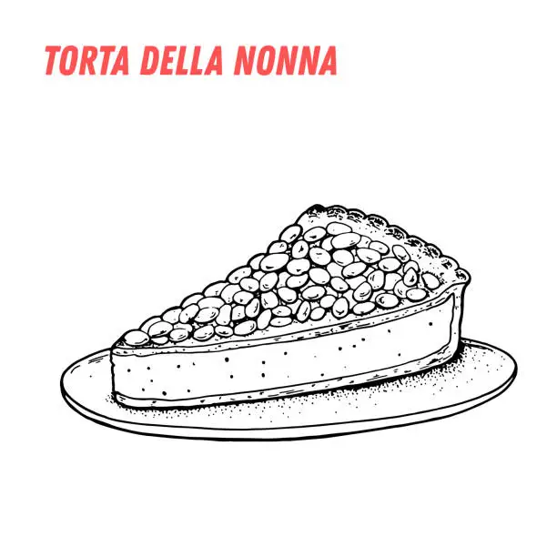 Vector illustration of Torta della nonna sketch. Italian dessert vector illustration. Italian sweet hand drawn sketch. Vintage design template.