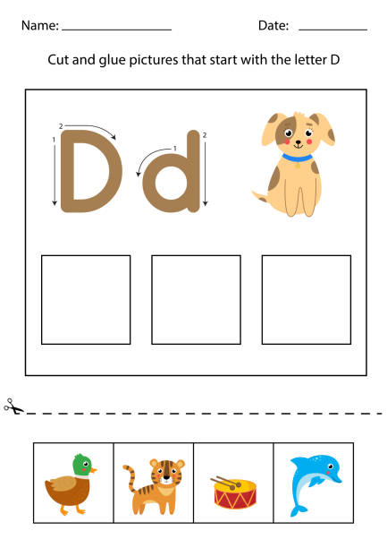 buchstabenerkennung für kinder. schneiden und kleben. buchstabe d. - dog school audio stock-grafiken, -clipart, -cartoons und -symbole