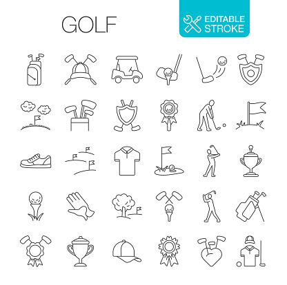Golf icons set. Editable stroke. Thin line vector icons.