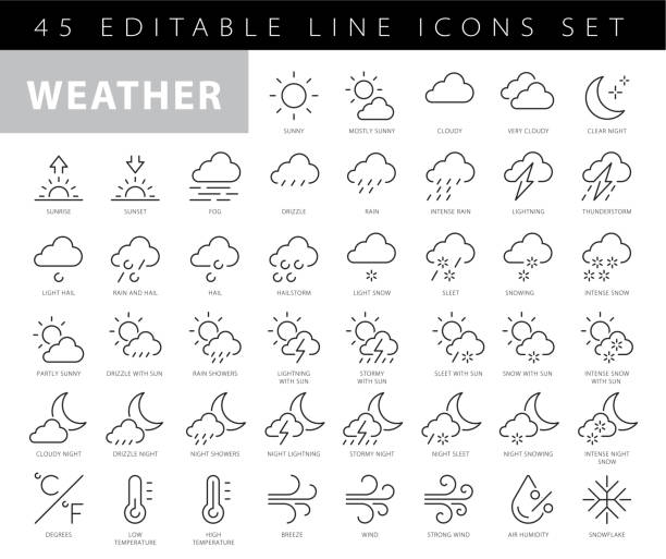 날씨 선 아이콘 설정. 태양, 비, 천둥 폭풍, 이슬, 바람, 눈 구름, 밤 하늘 최소한의 벡터 그림. 웹, 예측 응용 프로그램에 대한 간단한 평면 개요 표지판. 30x30 픽셀 완벽한. 편집 가능한 스트로크 - rain sun sunlight cloud stock illustrations