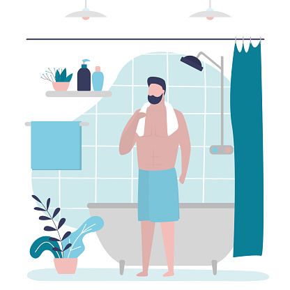 Cartoon man finished taking bath. Male character wipes himself off with towel after shower