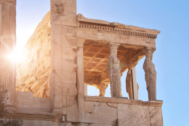 Porch of the Caryatids in Erechtheion and ray of light, Athens stock photo