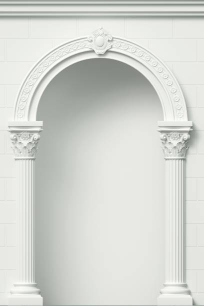 istock Classic antique arch portal with columns in room 1366096111