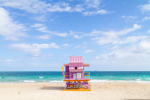 South Beach's lifeguard stations in South Beach, Miami, Florida, USA.