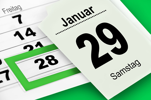 German calendar 2022 January 28 and 29  Friday Saturday against green background
