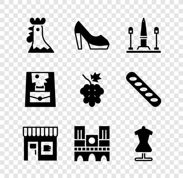 Set French rooster, Woman shoe, Place De La Concorde, Coffee shop, Notre Dame, Mannequin, Handbag and Grape fruit icon. Vector Set French rooster Woman shoe Place De La Concorde Coffee shop Notre Dame Mannequin Handbag and Grape fruit icon. Vector. delaware chicken stock illustrations
