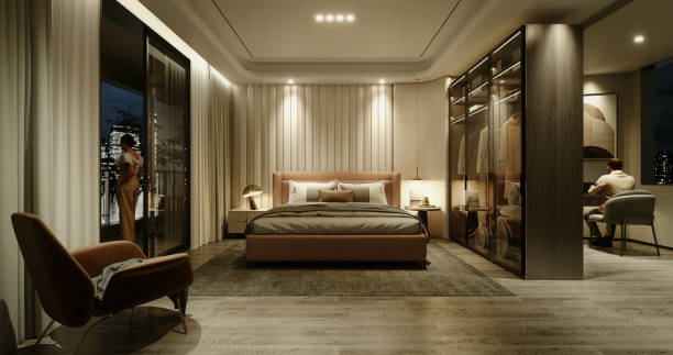 nowoczesna sypialnia właściciela - double bed headboard hotel room design zdjęcia i obrazy z banku zdjęć