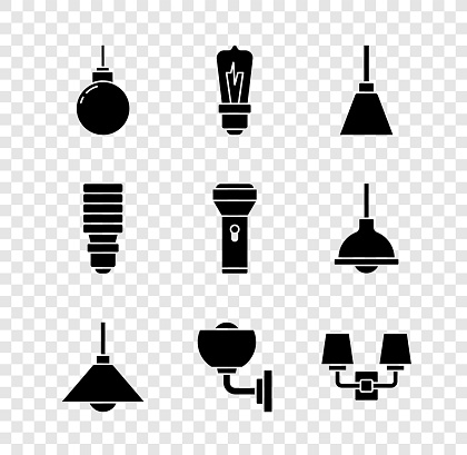 Set Lamp hanging Light bulb Chandelier Wall lamp or sconce LED light and Flashlight icon. Vector.