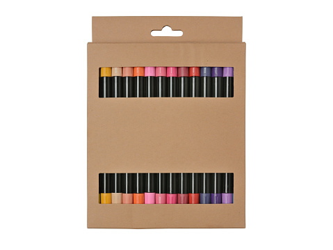 Multicolored markers in a cardboard box, close-up. Isolated on a white background.