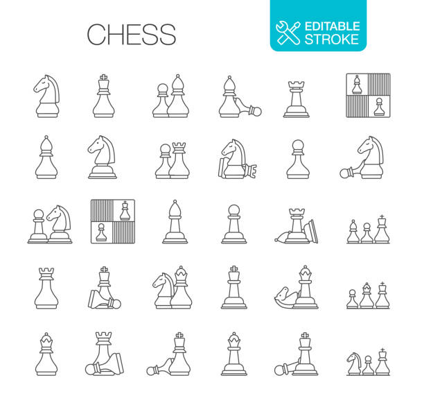 illustrazioni stock, clip art, cartoni animati e icone di tendenza di icone scacchi imposta tratto modificabile - regina di scacchi