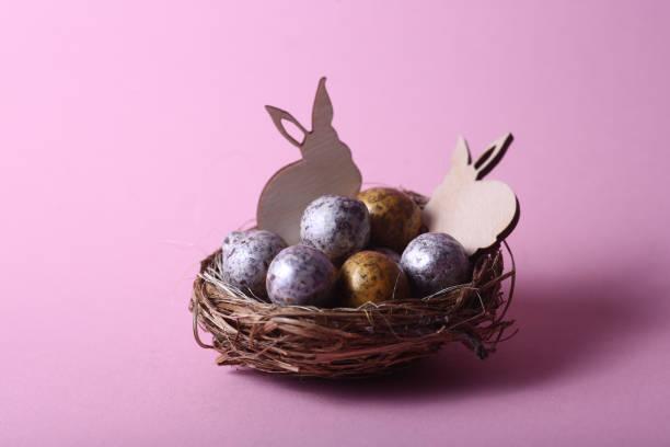 istock Easter concept - two rabbits in a nest with chocolate eggs against pink background. Horizontal image 1366109312