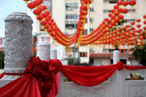 Thean Hou Temple Kuala Lumpur, Malaysia is decorated with Chinese red flower ball ribbons to welcome Chinese New Year celebration.