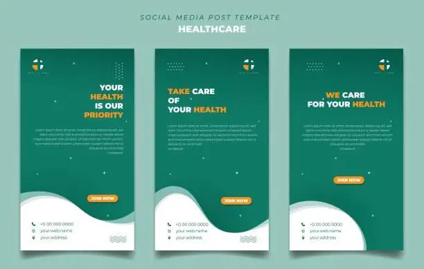 Vector illustration of Set of social media template in green and white with wavy background design. Green healthcare social media template.