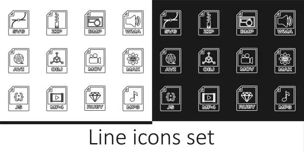 Vector illustration of Set line MP3 file document, MAX, BMP, OBJ, AVI, SVG, MOV and ZIP icon. Vector