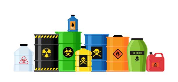 Dangerous substances concept Dangerous substances concept. Various containers with dangerous chemical liquids, flammable gases, toxins and oils. Radioactive waste in special barrels. Cartoon modern flat vector illustration. toxic waste stock illustrations