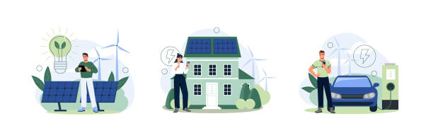 illustrations, cliparts, dessins animés et icônes de maison privée écologique moderne avec moulins à vent et panneaux solaires. - solar panel illustrations