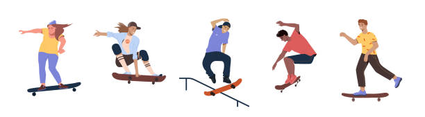 illustrations, cliparts, dessins animés et icônes de ensemble de patineurs modernes sautant avec des planches à roulettes - figure skating