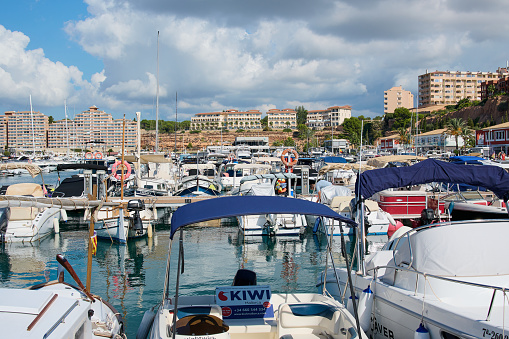 El Toro, Majorca, Spain - October 18, 2021: Boats in Port Adriano marina in El Toro, Mallorca