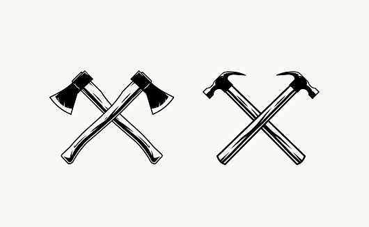 istock Crossed axes logo. Crossed hammers logo. Textured vintage tools vector illustration 1366114589