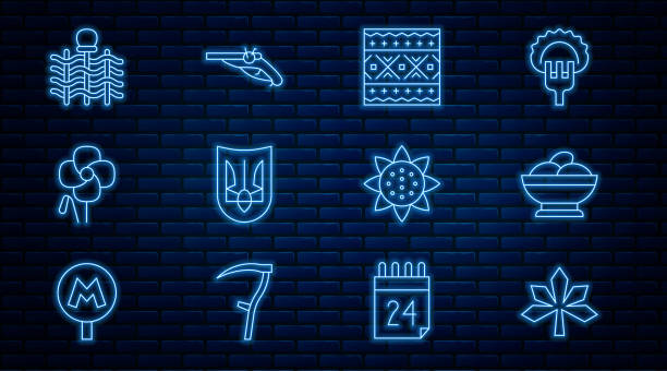 Set line Chestnut leaf, Varenyky in bowl, Ukrainian ethnic pattern, trident, Poppy flower, Wicker fence, Sunflower and Vintage pistols icon. Vector Set line Chestnut leaf Varenyky in bowl Ukrainian ethnic pattern trident Poppy flower Wicker fence Sunflower and Vintage pistols icon. Vector. neon trident stock illustrations