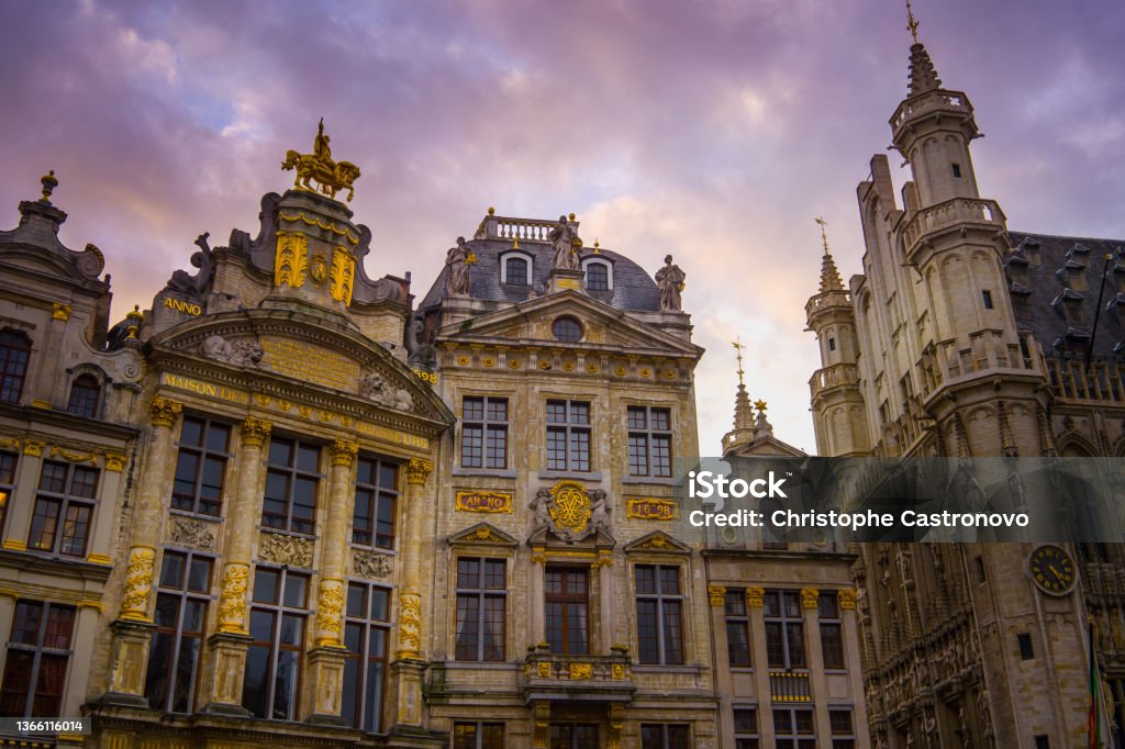 Grand Place de Bruxelles - Belgium Sunset over the capital of Belgium Brussels-Capital Region Stock Photo