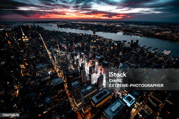 Magical Sunset In New York Stock Photo - Download Image Now - Times Square - Manhattan, Drone, Aerial View