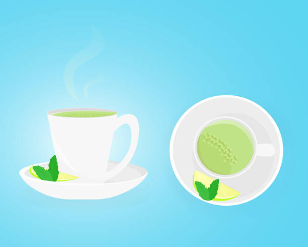 чашка с блюдцем зеленого чая или спичка с лаймом и мятой - green tea tea scented mint stock illustrations