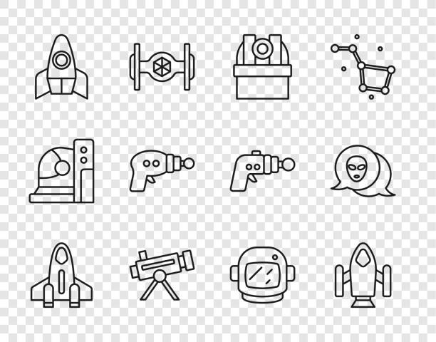 Set line Rocket ship, Astronomical observatory, Telescope, Ray gun, Astronaut helmet and Alien icon. Vector Set line Rocket ship Astronomical observatory Telescope Ray gun Astronaut helmet and Alien icon. Vector. detonator stock illustrations