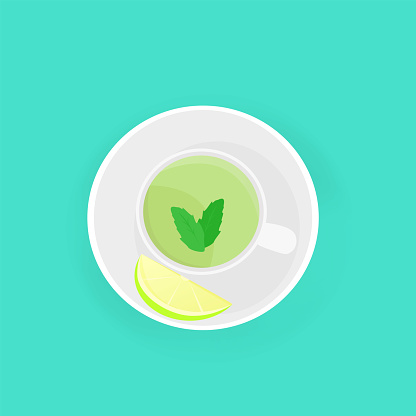 Top view of cup of green tea with mint. Slice of lime or lemon on a saucer. Vector icon illustration in flat style