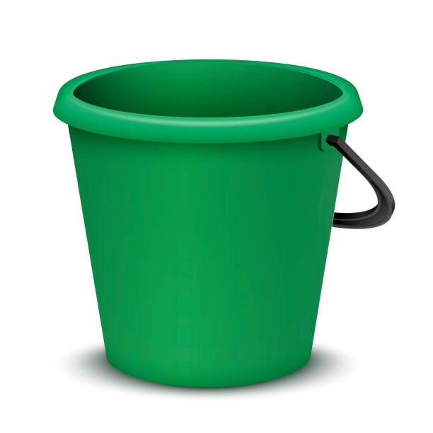 Realistic green plastic basket 3d template vector illustration. Household bucket with handle mockup Realistic green plastic basket 3d template vector illustration. Household bucket with handle for cleaning water or things storage carrying isolated. Housekeeping kit domestic housework mockup design a bucket stock illustrations