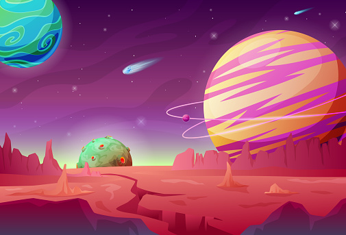 Fantasy huge planet futuristic 3d landscape vector illustration. Space surface craters, stars, satellites and comets in neon galaxy. Rocky desert terrain flying asteroids universe travel journey