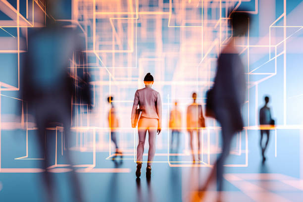 istock Woman walking in VR environment 1366122977