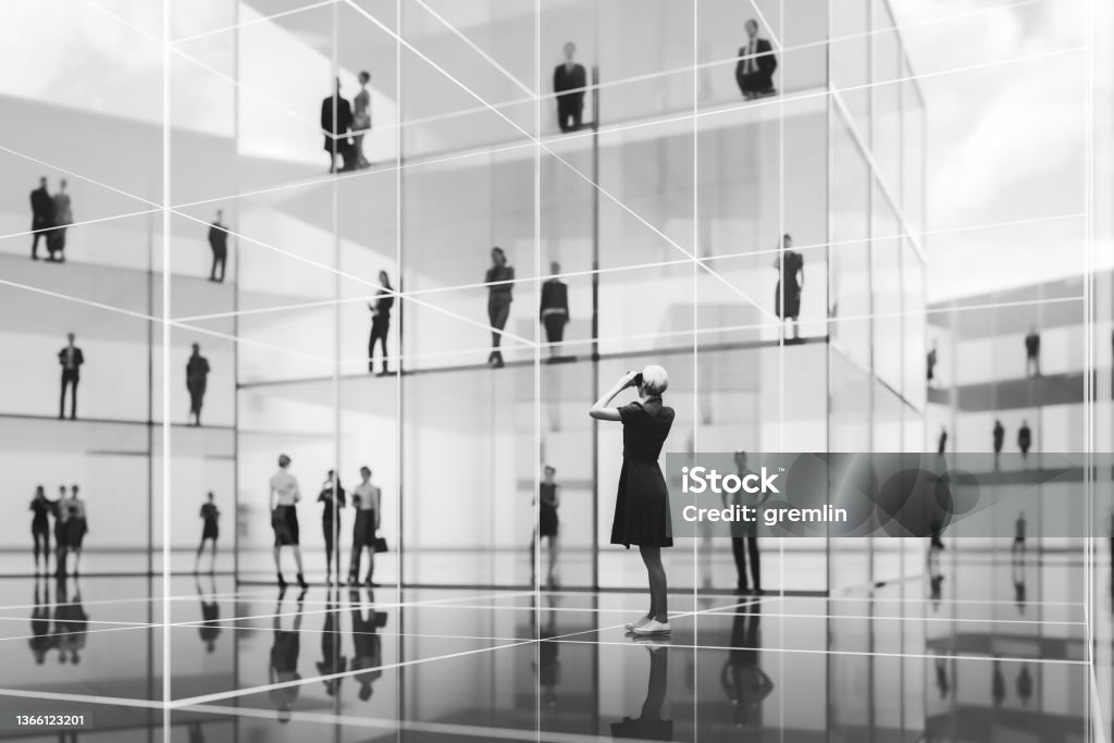 Woman in VR environment Woman in VR environment - 3D generated image. User Experience Stock Photo