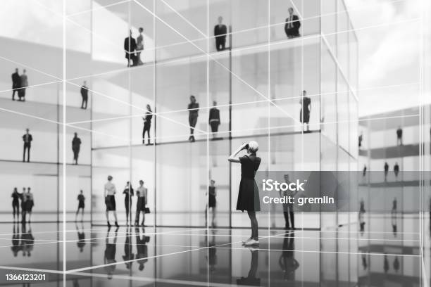 Woman In Vr Environment Stock Photo - Download Image Now - Abstract, User Experience, Black And White