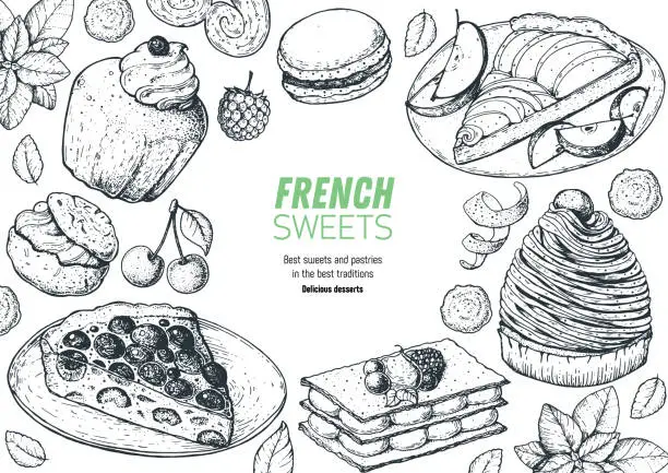 Vector illustration of A set of french desserts with rum baba, clafoutis, Mont Blanc, Mille-feuille, apple pie, macarons . French cuisine top view frame. Food menu design template. Hand drawn sketch vector illustration.